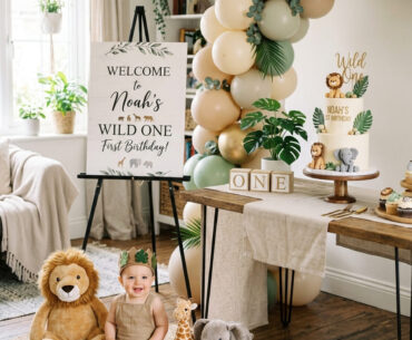 Stylish safari birthday setup with welcome sign and balloons for a boy