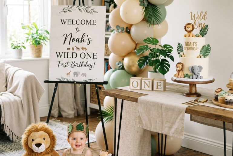 Stylish safari birthday setup with welcome sign and balloons for a boy