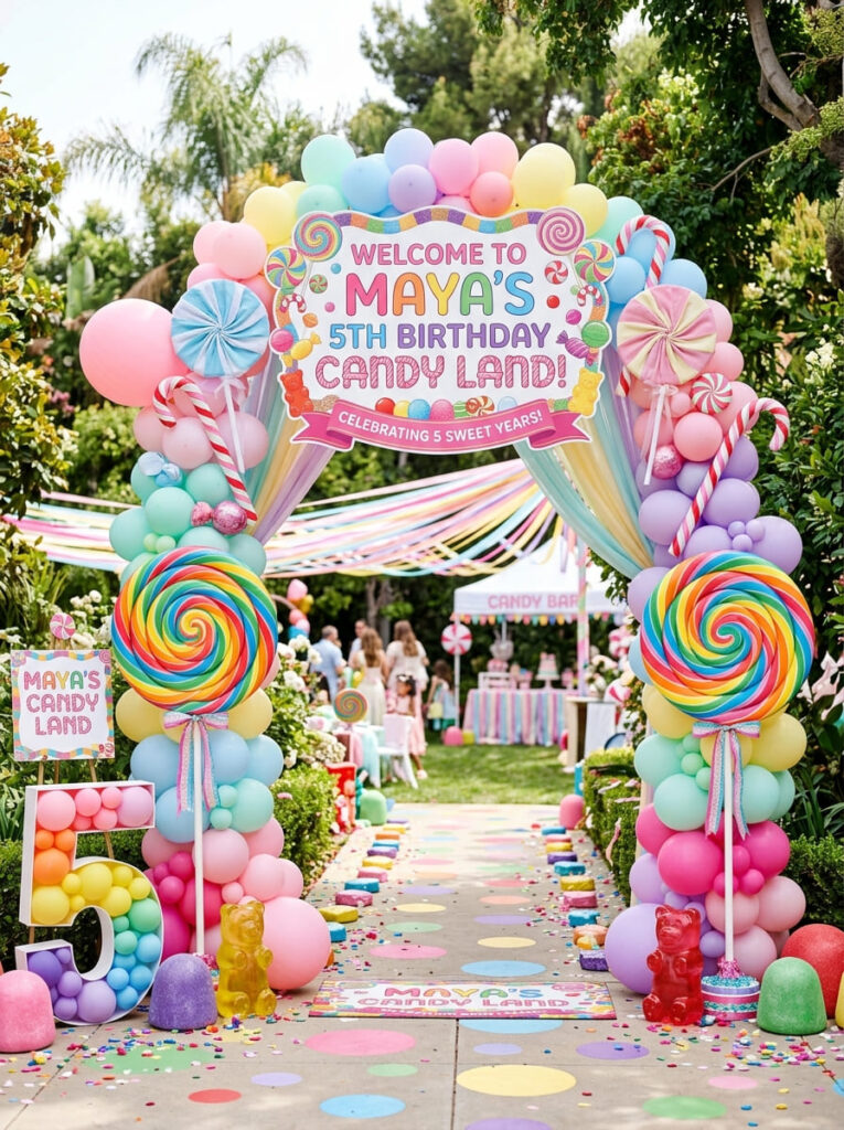 Bright Candy Land welcome sign at a colorful 5th birthday party entrance

