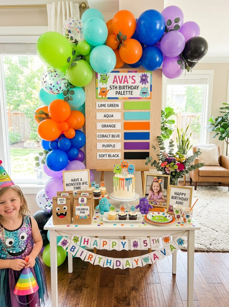 Bright monster party color palette in lime green, aqua, orange, purple, and blue tones
