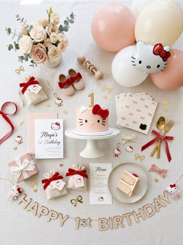 Hello Kitty first birthday color palette with blush pink white cream red and black