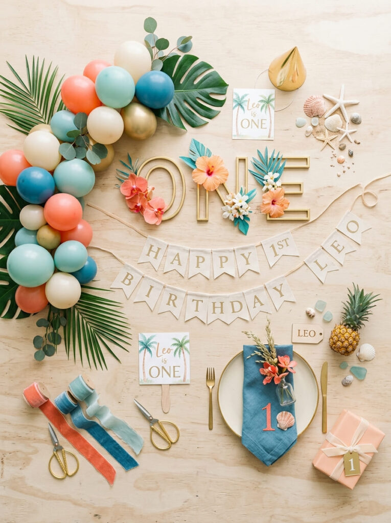 Moana first birthday color palette with coral teal cream peach and ocean blue