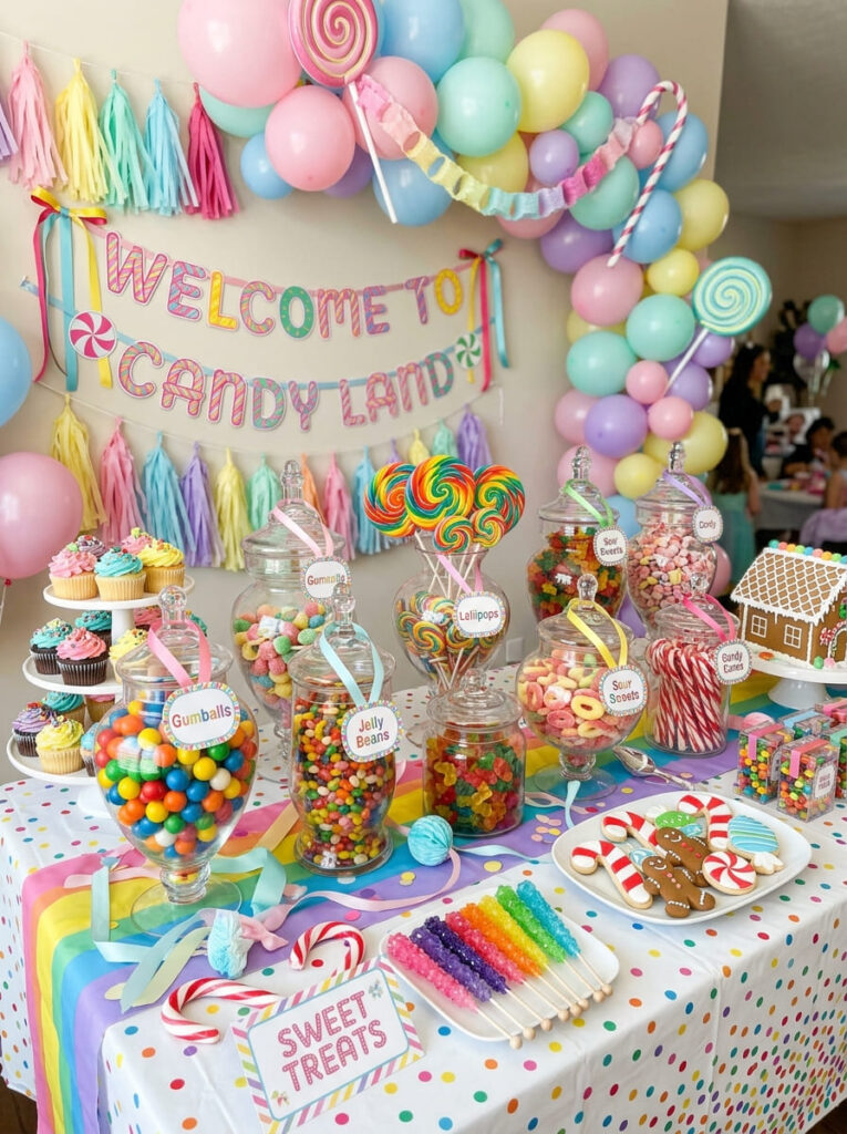 Clear candy jars filled with colorful sweets on a party table

