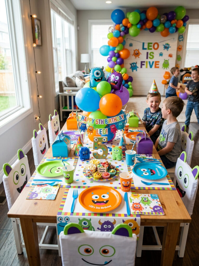 Fun kids table with bright place settings for a monster birthday party