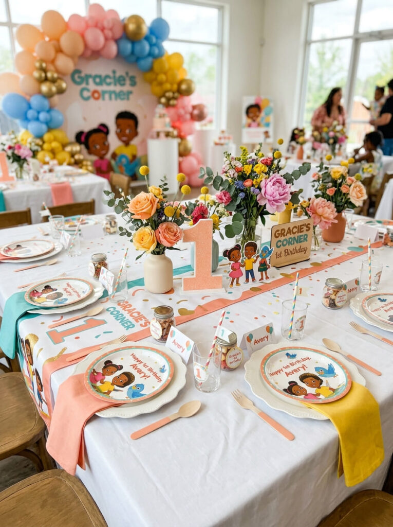 Gracie’s Corner first birthday guest table with playful colorful accents