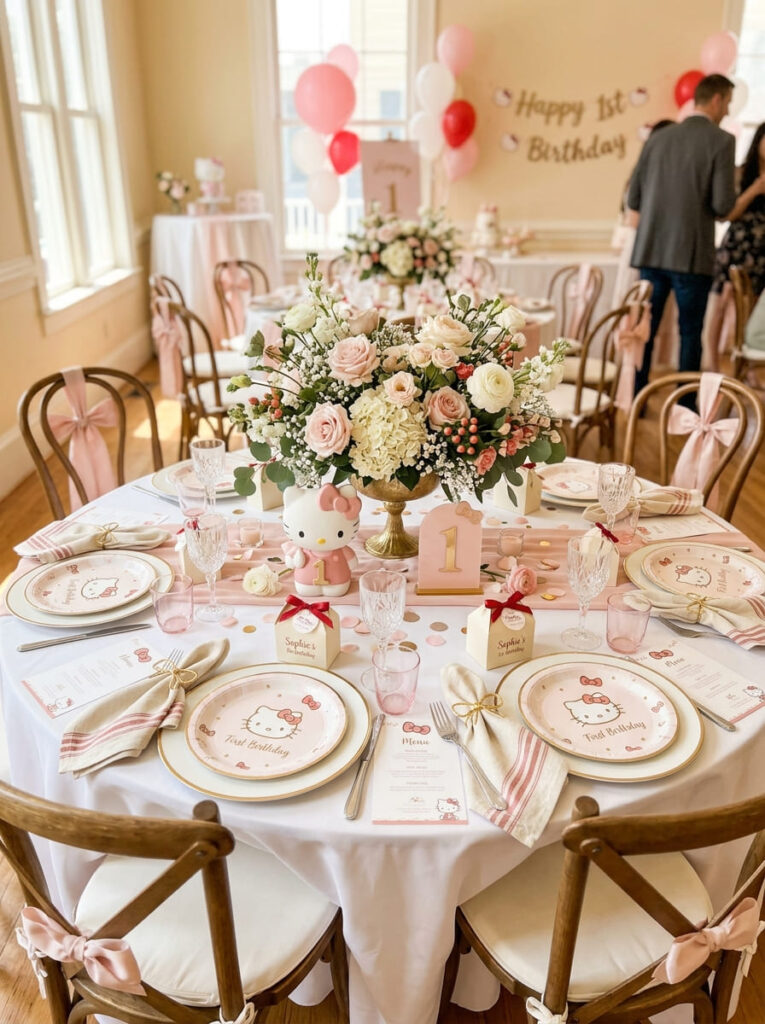 Hello Kitty first birthday guest table with elegant bow accents