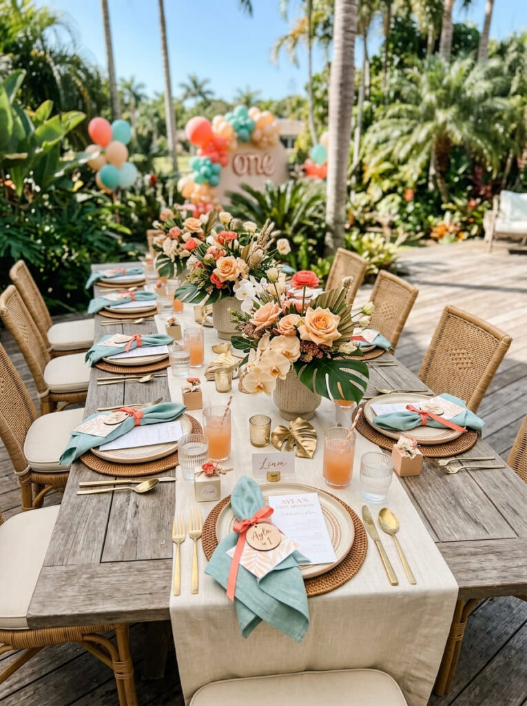 Moana first birthday guest table with elegant tropical accents