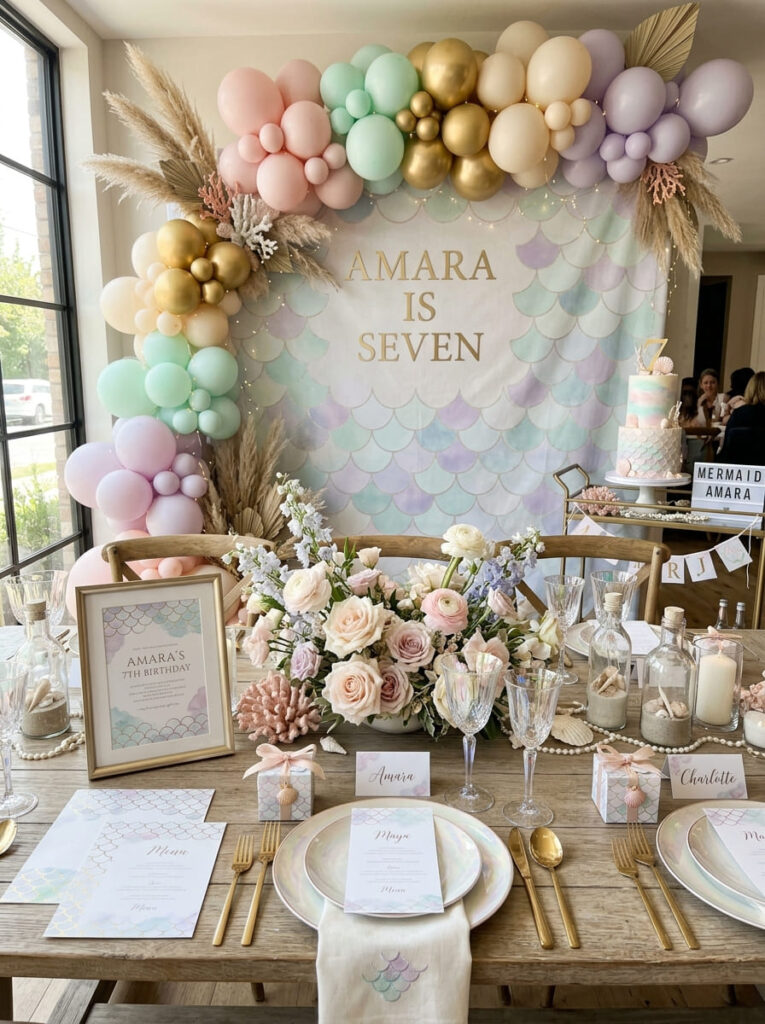 Modern fish scale details in a soft mermaid party design