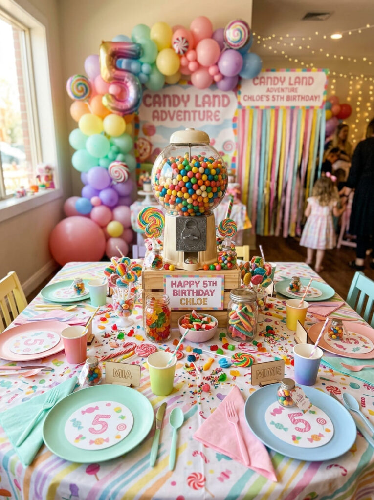 Gumball centerpieces on a colorful Candy Land birthday table

