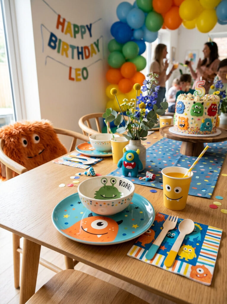Stylish monster-themed tableware with playful patterns and bright colors