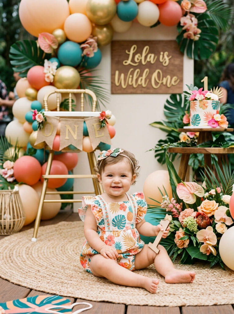 One year old in a tropical Moana-inspired first birthday outfit with soft floral details