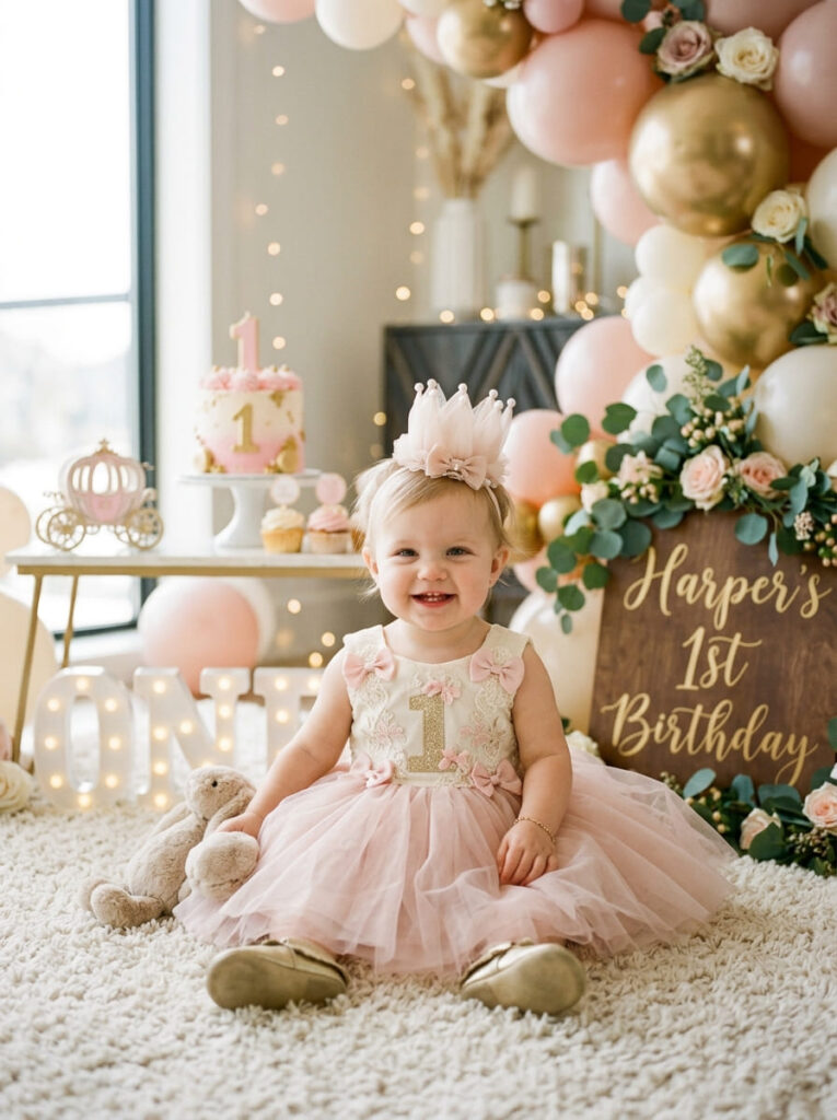One year old in a princess-themed first birthday outfit with tulle and bows