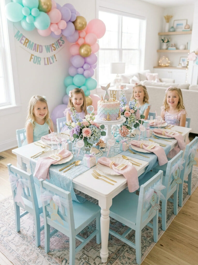 Pretty kids table with coordinated mermaid-themed place settings