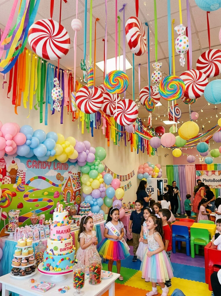Hanging peppermint and lollipop decorations above a Candy Land party

