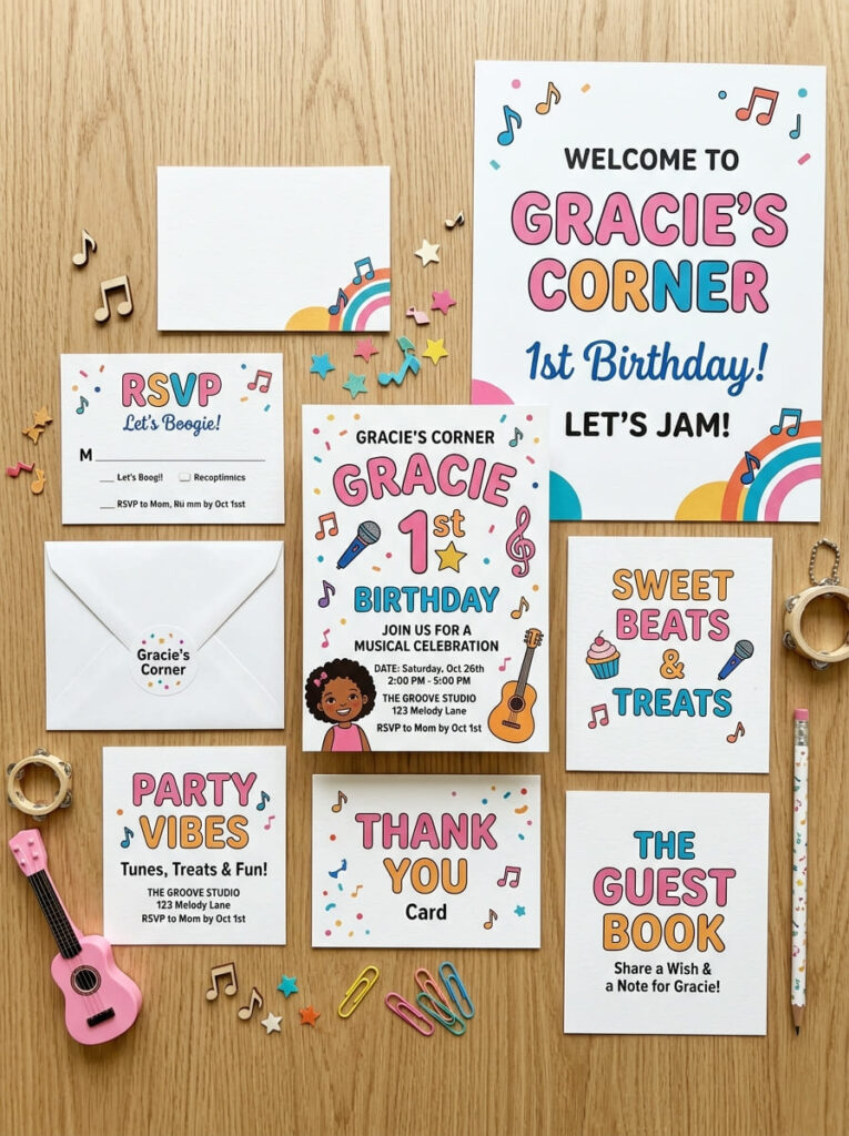 Gracie’s Corner first birthday invitations and signs with fun themed wording