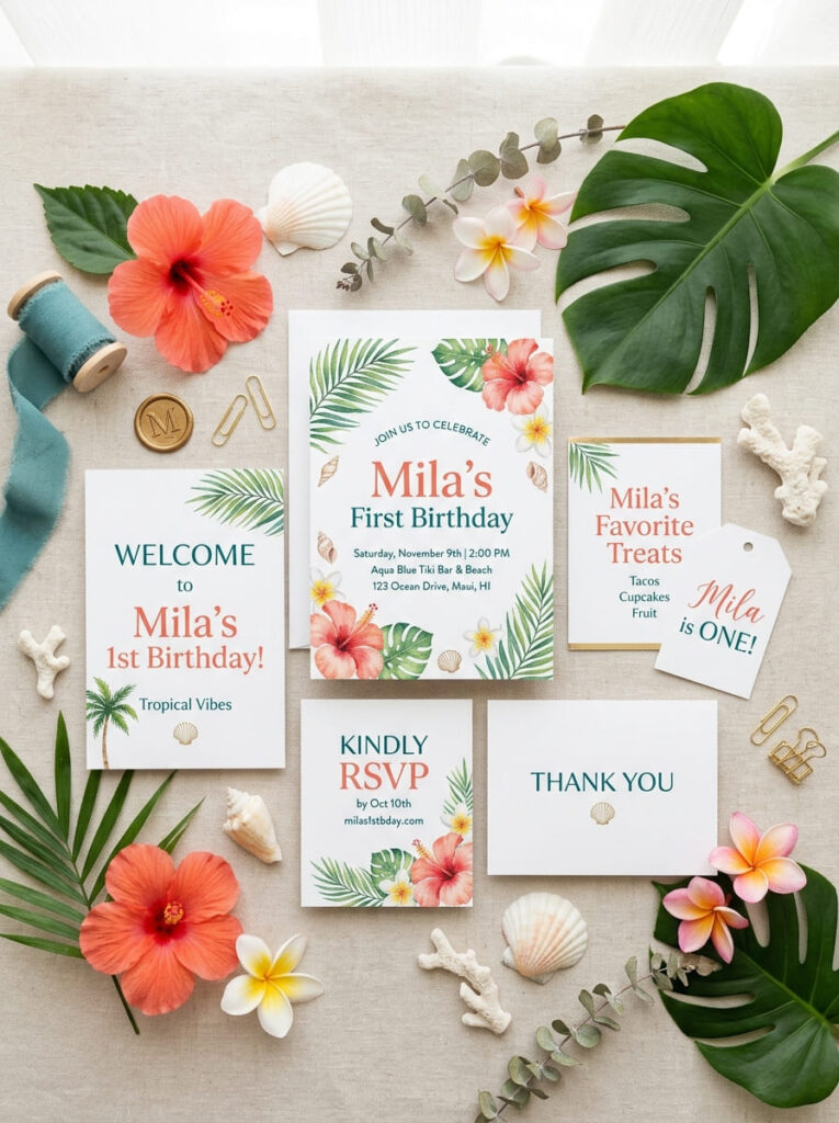 Moana first birthday invitations and signs with tropical elegant wording