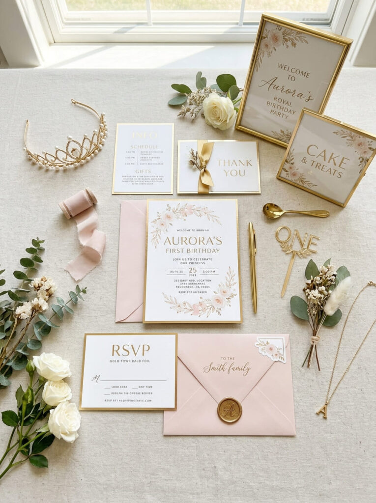 Princess first birthday invitations and signs with elegant wording