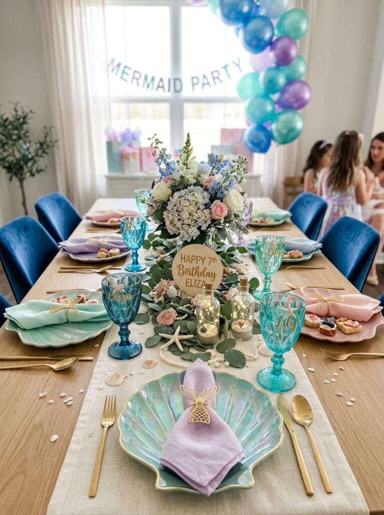 Shell-shaped plates and ocean-toned tableware on a birthday table