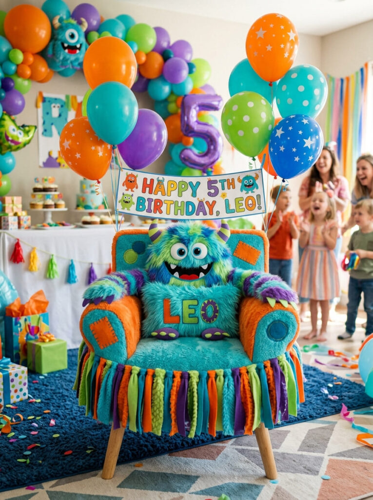 Special birthday chair with playful monster details for a 5-year-old