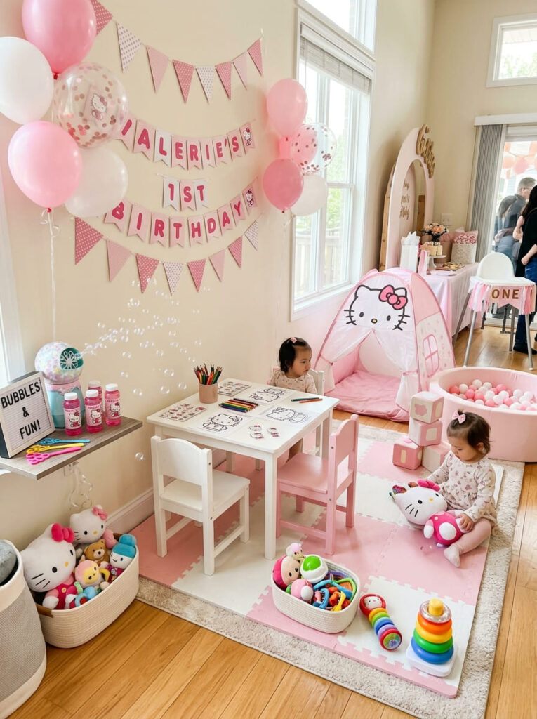 Hello Kitty first birthday activity corner with toys bubbles and soft play details