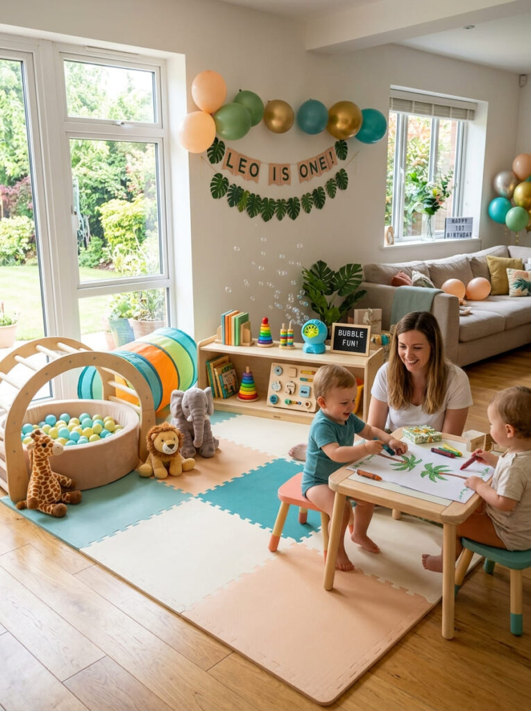 Moana first birthday activity corner with toys bubbles and soft play details