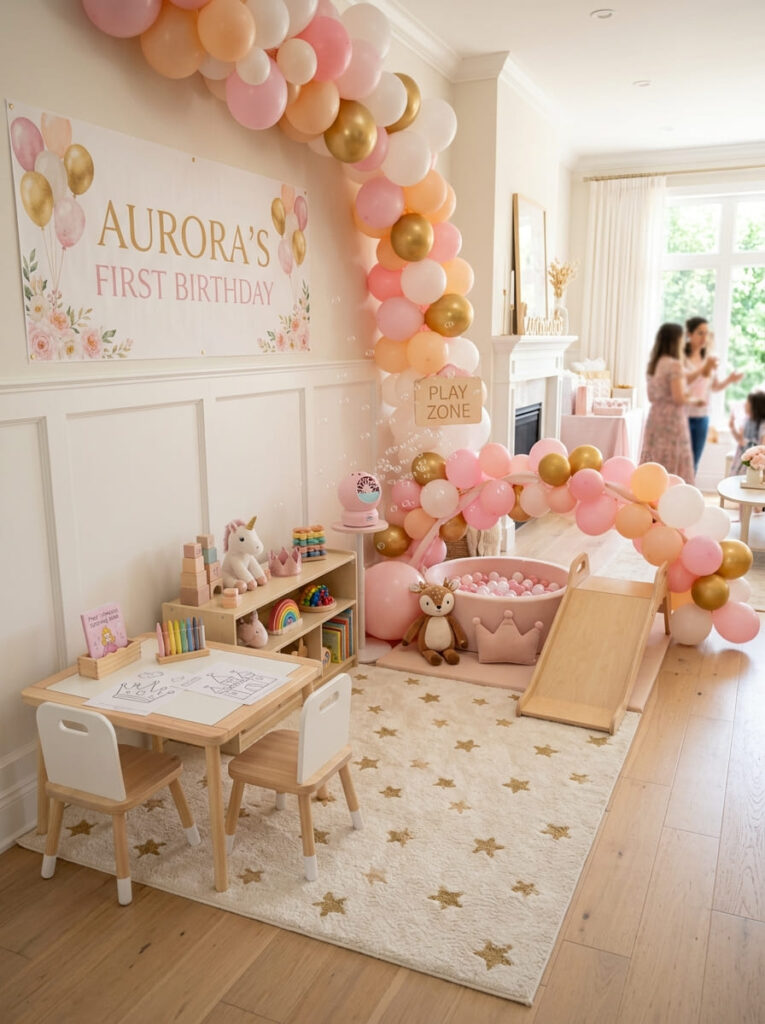 Princess first birthday activity corner with toys bubbles and soft play details