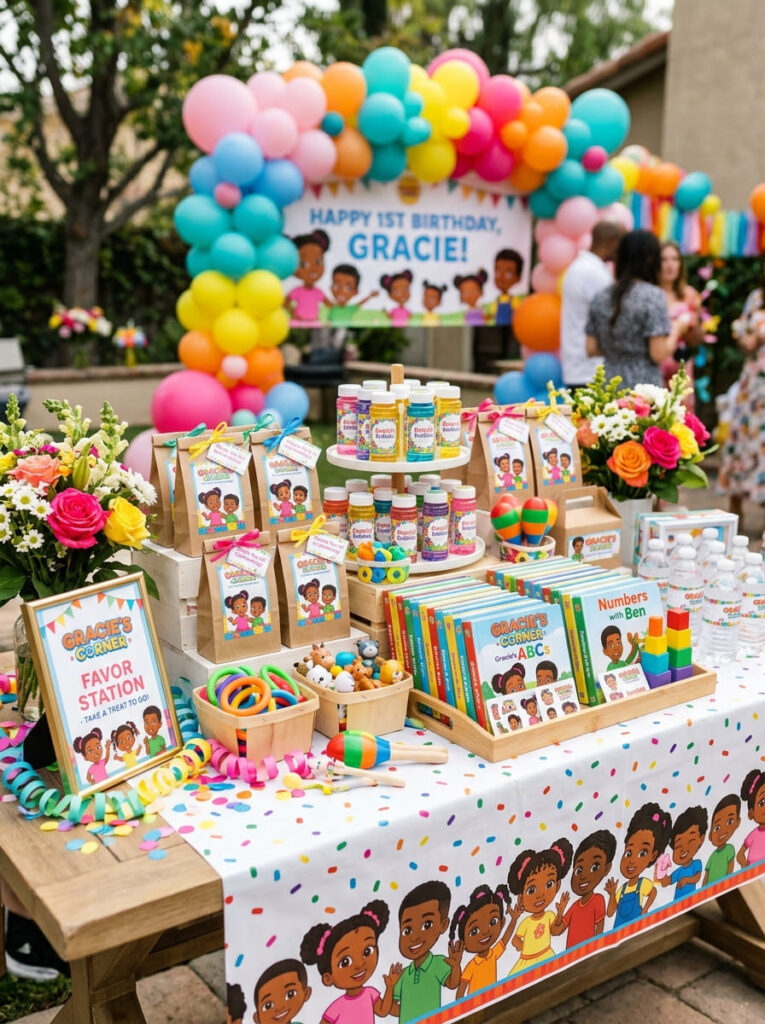 Gracie’s Corner first birthday favor display with toys and themed treat bags