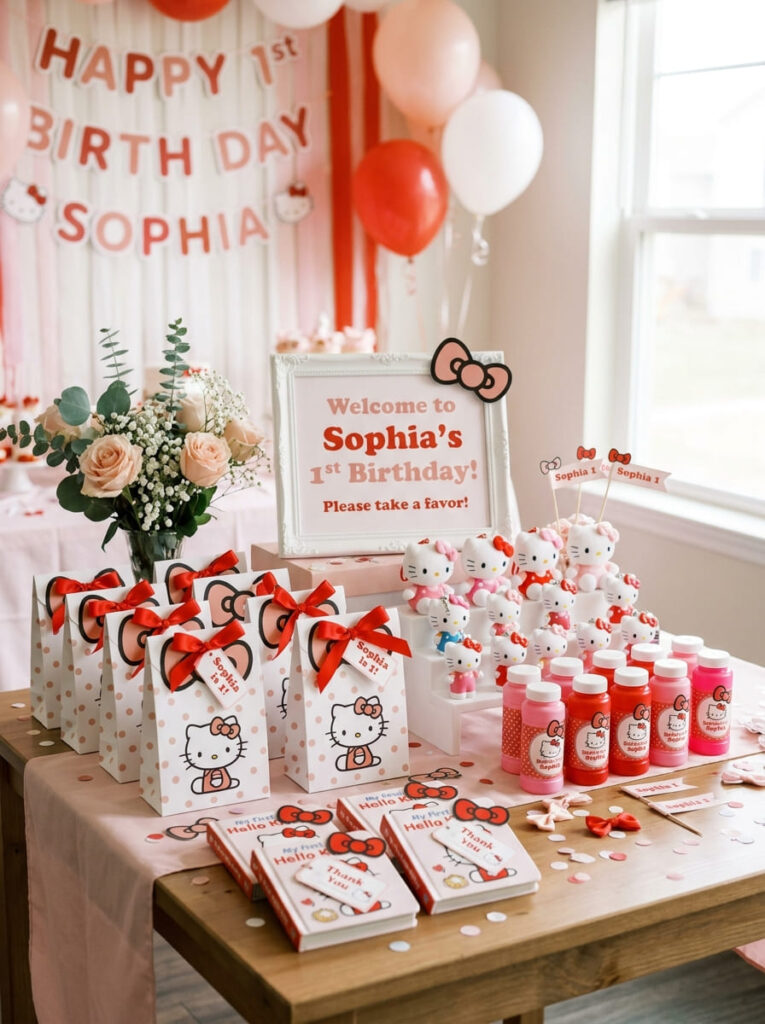 Hello Kitty first birthday favor display with themed treat bags and bow details