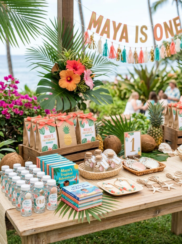 Moana first birthday favor display with tropical treat bags and island details