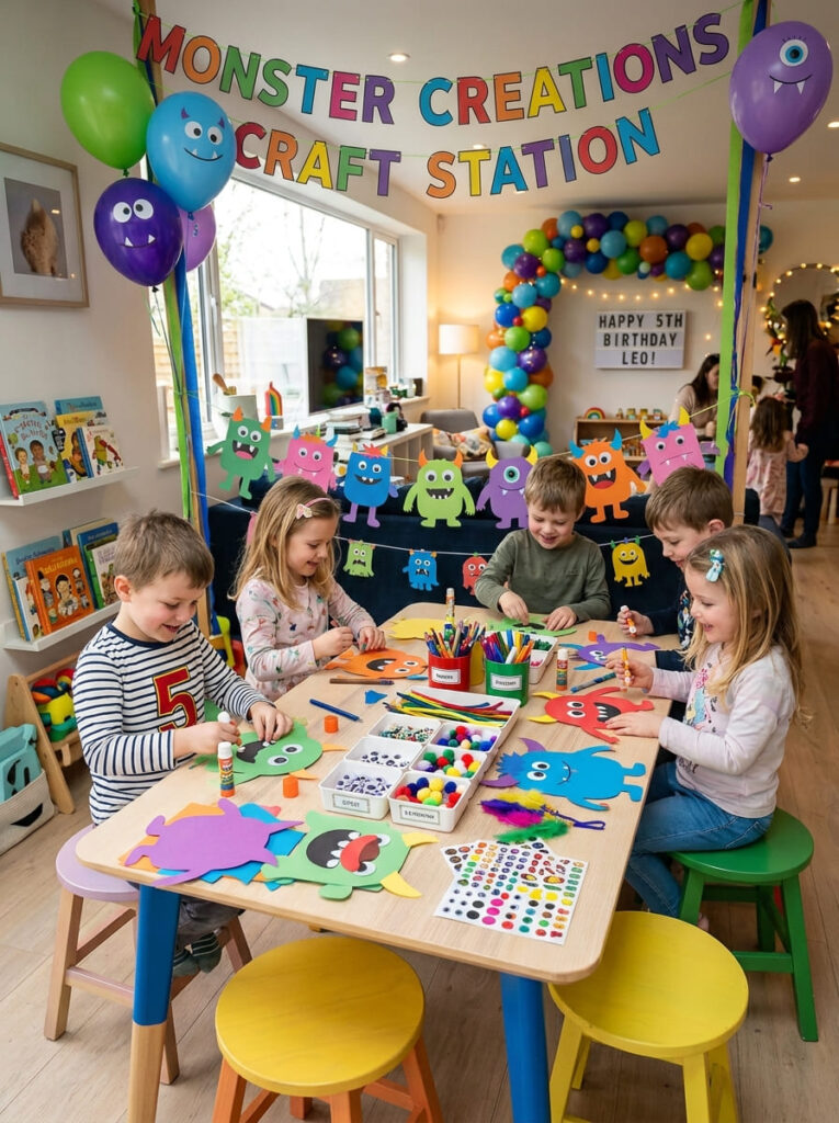 Monster craft station with colorful supplies and playful decor