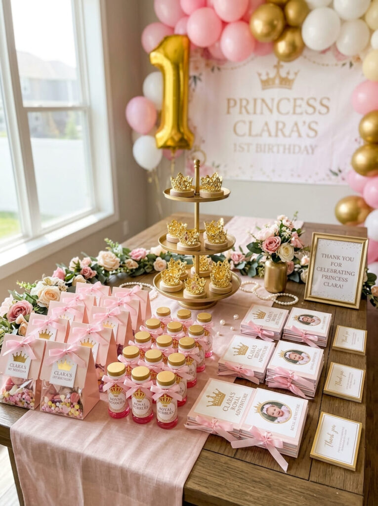 Princess first birthday favor display with crowns and themed treat bags
