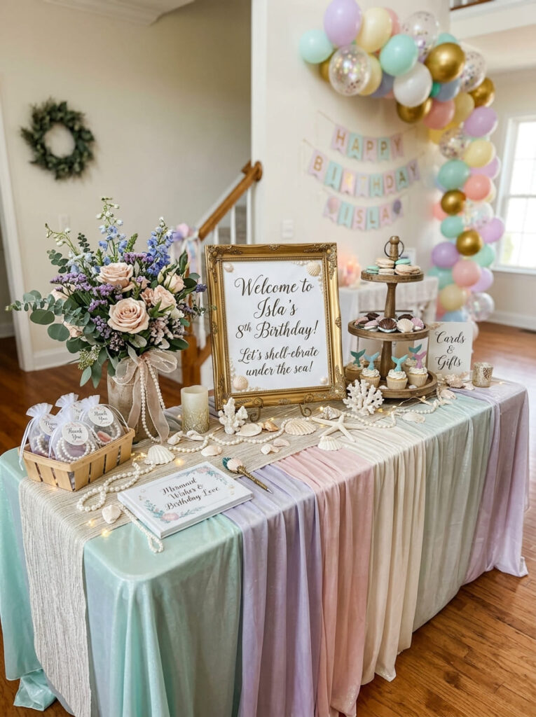 Stylish welcome table for guests at a mermaid birthday party