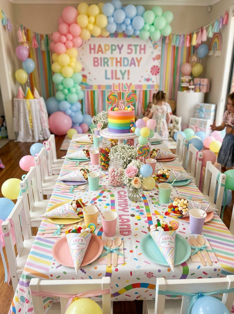 Treat cones filled with sweets at each Candy Land party place setting

