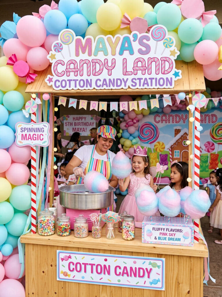 Cotton candy station at a bright Candy Land birthday party

