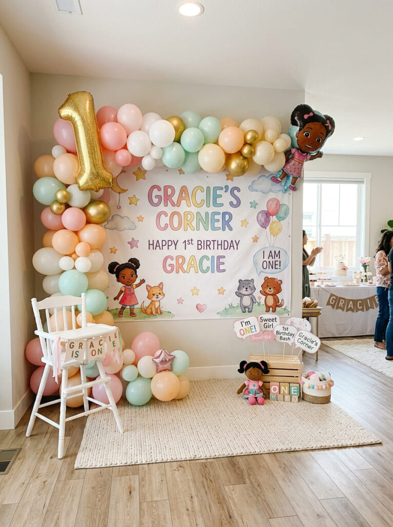 Gracie’s Corner first birthday family photo corner with themed backdrop and balloons