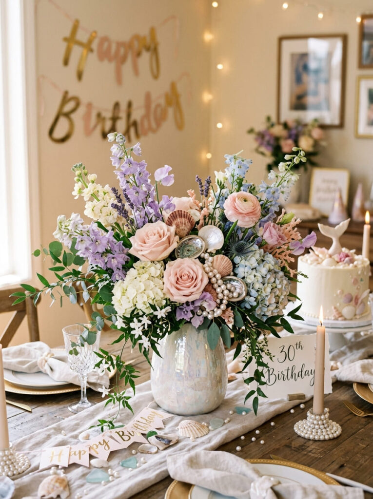 Mermaid-inspired floral arrangements in soft feminine colors