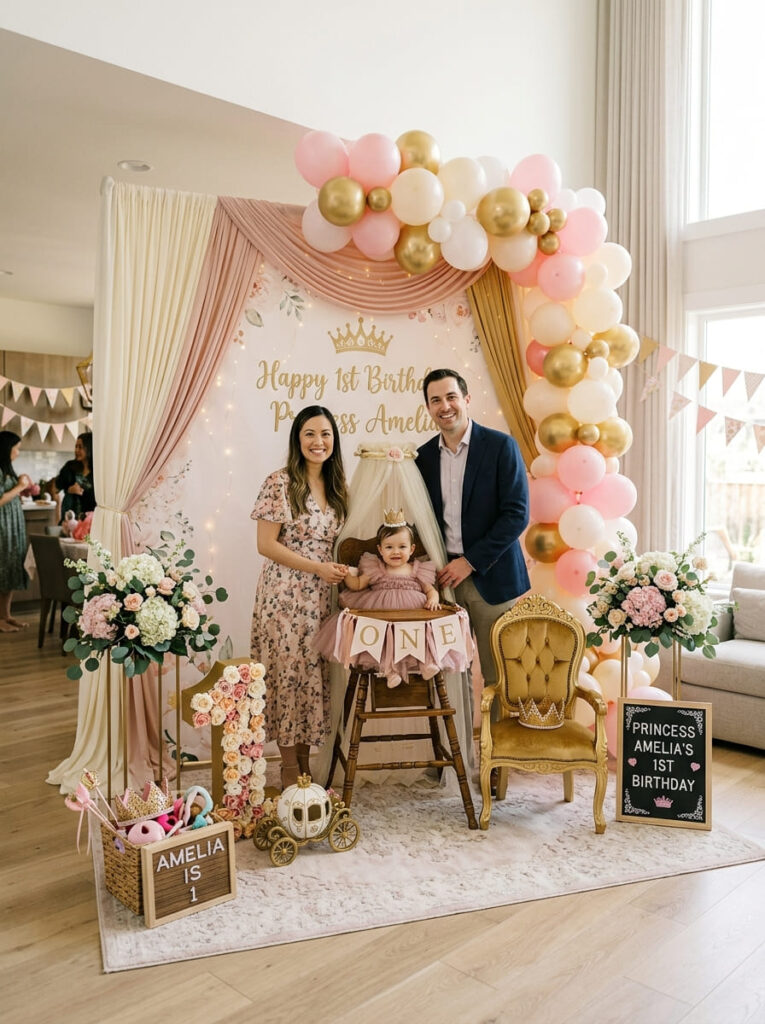 Princess first birthday family photo corner with themed backdrop and balloons