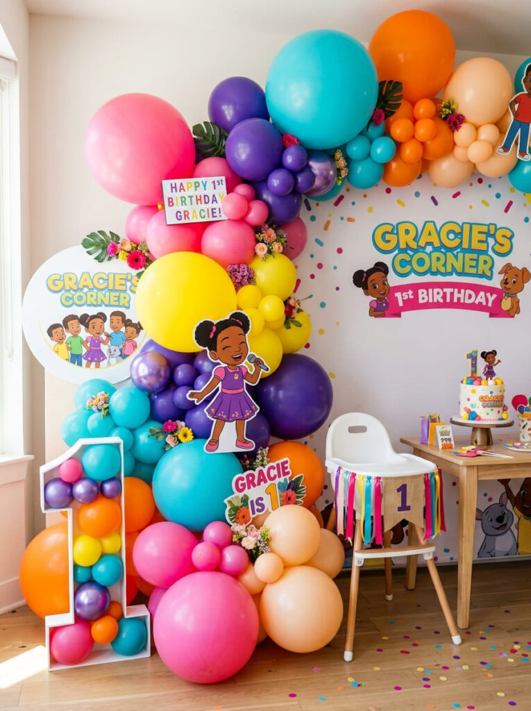 Gracie’s Corner first birthday balloon garland with mixed colorful balloons