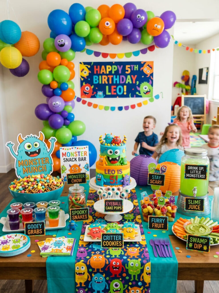 Bright food labels on a colorful monster party snack table