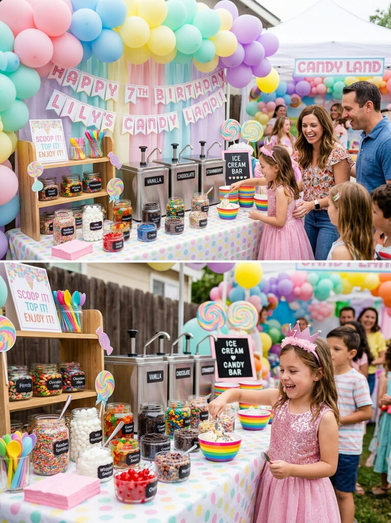 Ice cream bar with colorful candy toppings at a Candy Land party

