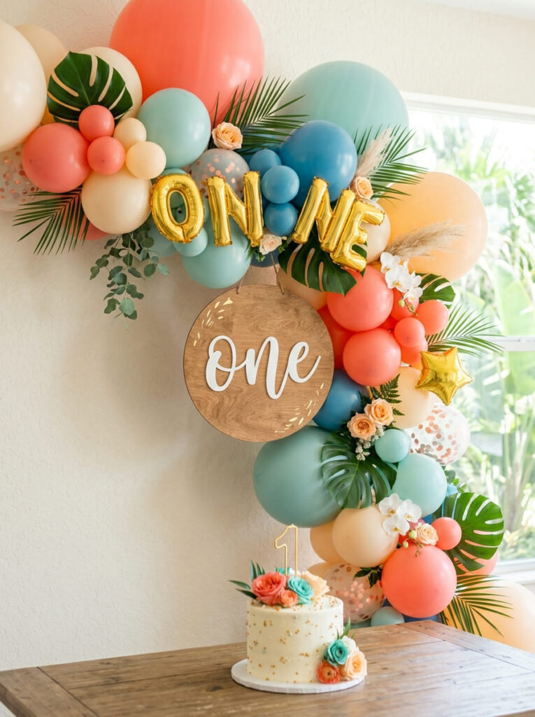 Moana first birthday balloon garland with elegant tropical colors