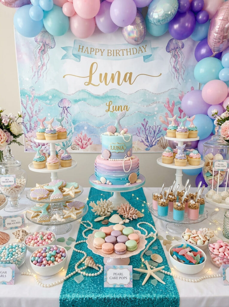 Under-the-sea sweets display with pastel candy and shell decor