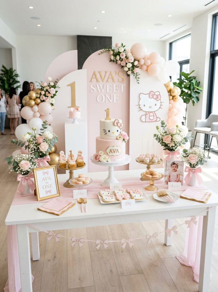 Hello Kitty first birthday decor with bows and themed accents styled neatly