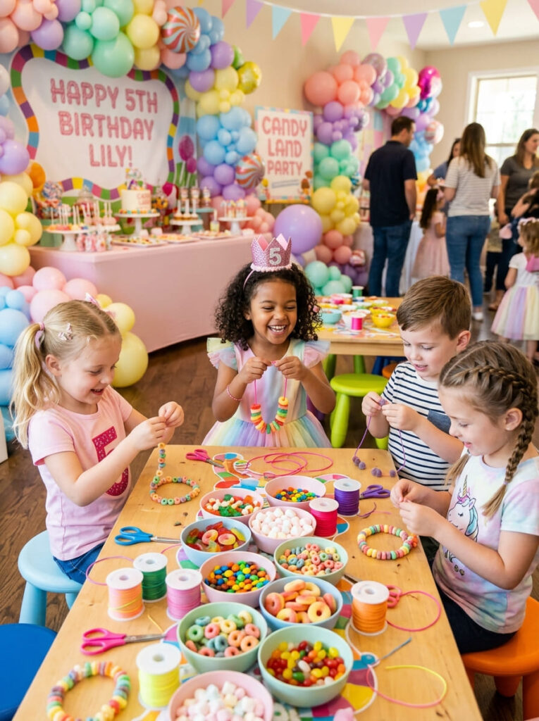 Kids making candy necklaces and bracelets at a birthday party

