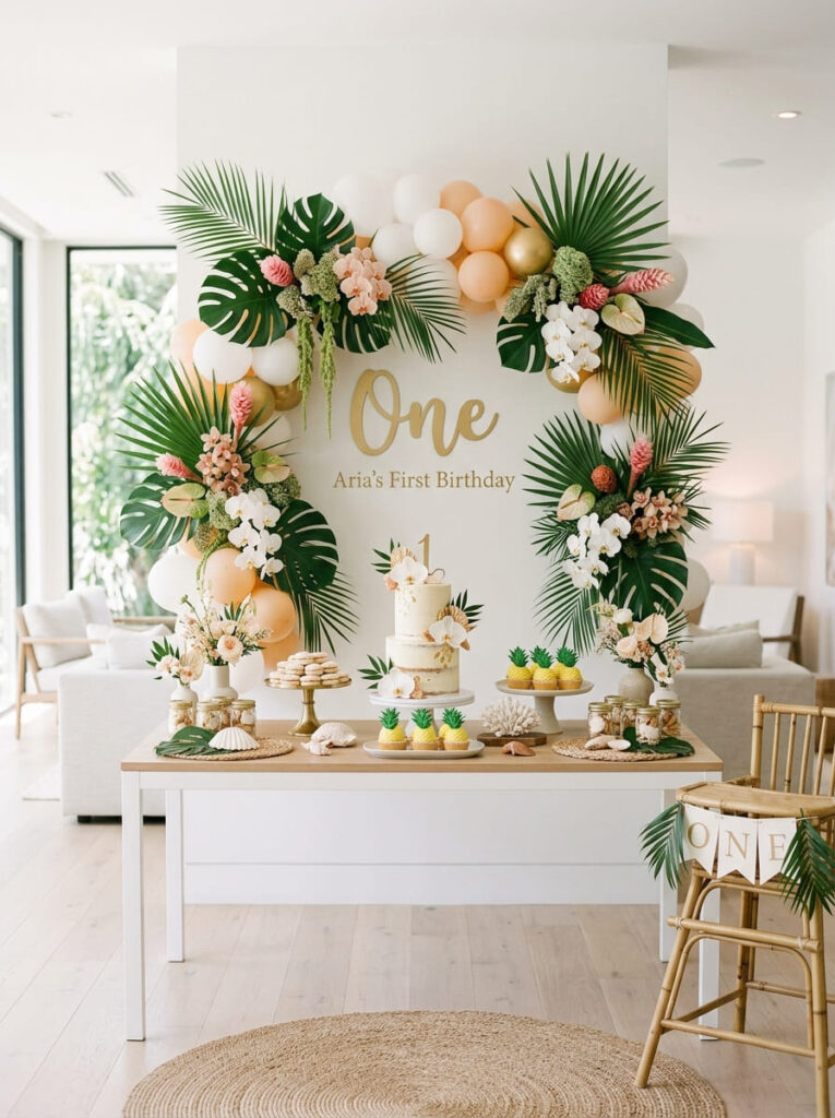 Moana first birthday decor with tropical accents styled neatly
