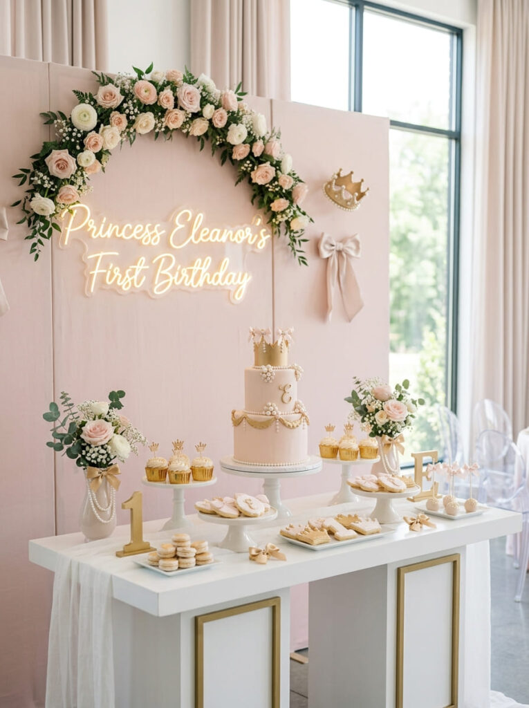 Princess first birthday decor with crowns and pearls styled neatly