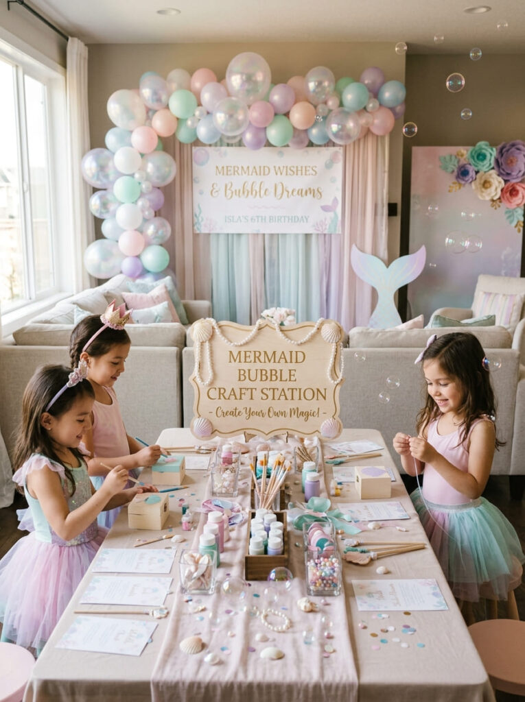 Bubble-inspired activity station at a stylish mermaid birthday party