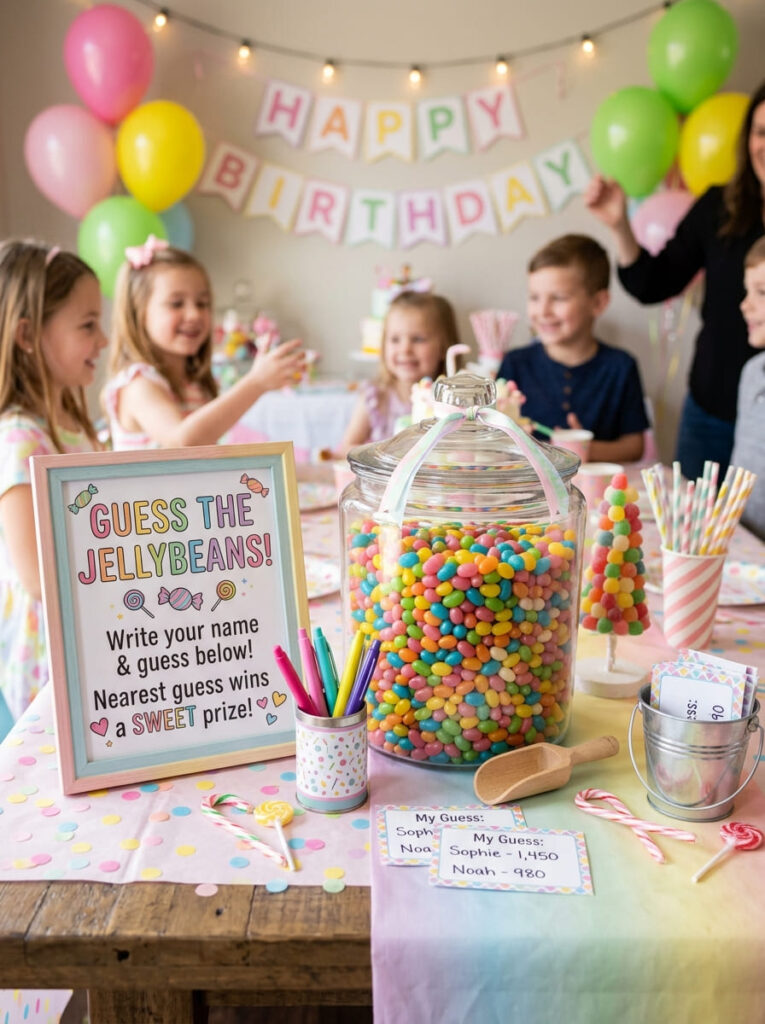 Guess-the-jellybeans game on a Candy Land party table

