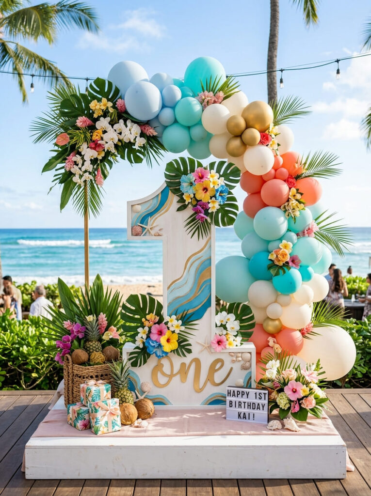 Moana first birthday number one display with tropical-inspired accents