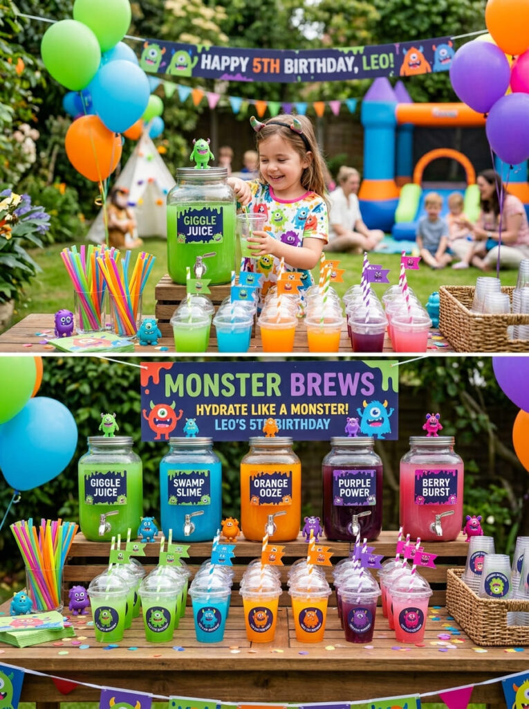 Monster drink station with colorful drinks and playful party labels